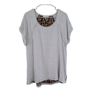 Umgee Fringe Sleeve and Bottom Animal Print Boho Linen Cotton Blend Top Size 2XL